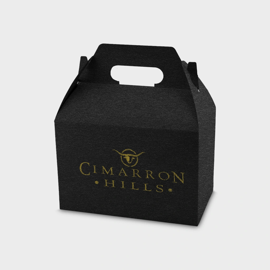 Custom printed Black kraft Gable Boxes with Handle | The Packaging Base Black kraft gable boxes with handle for custom gift and retail packaging