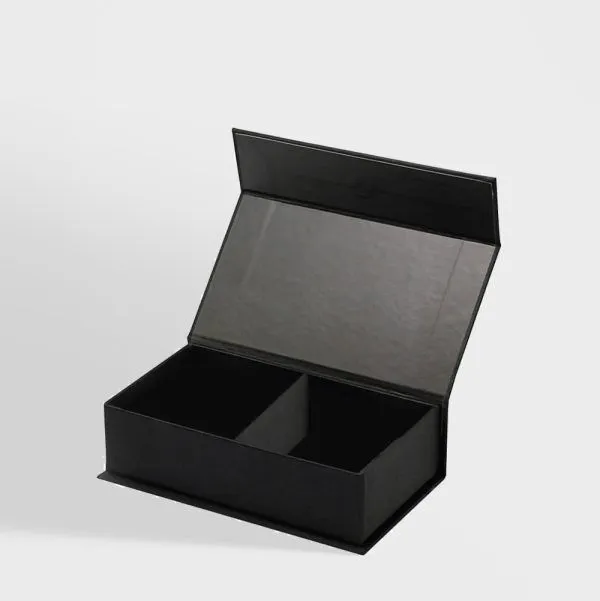 Magnetic Closure Business Card Boxes with Divider | The Packaging Base Black magnetic business card box with attached lid and divider
