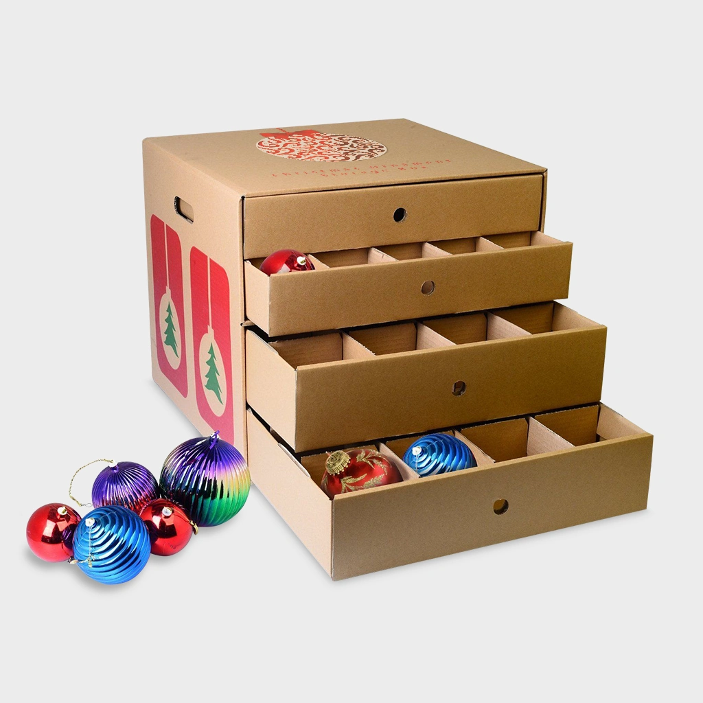 Personalized Ornament Storage Boxes with Compartments | The Packaging Base Personalized ornament storage boxes with pull-out trays, featuring compartments for secure holiday decoration storage.